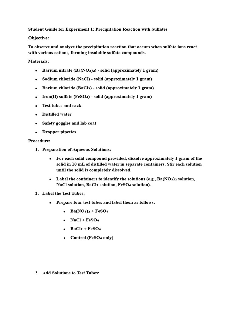 Chemistry Lab: Sulfate Reactions Guide | PDF | Precipitation (Chemistry ...