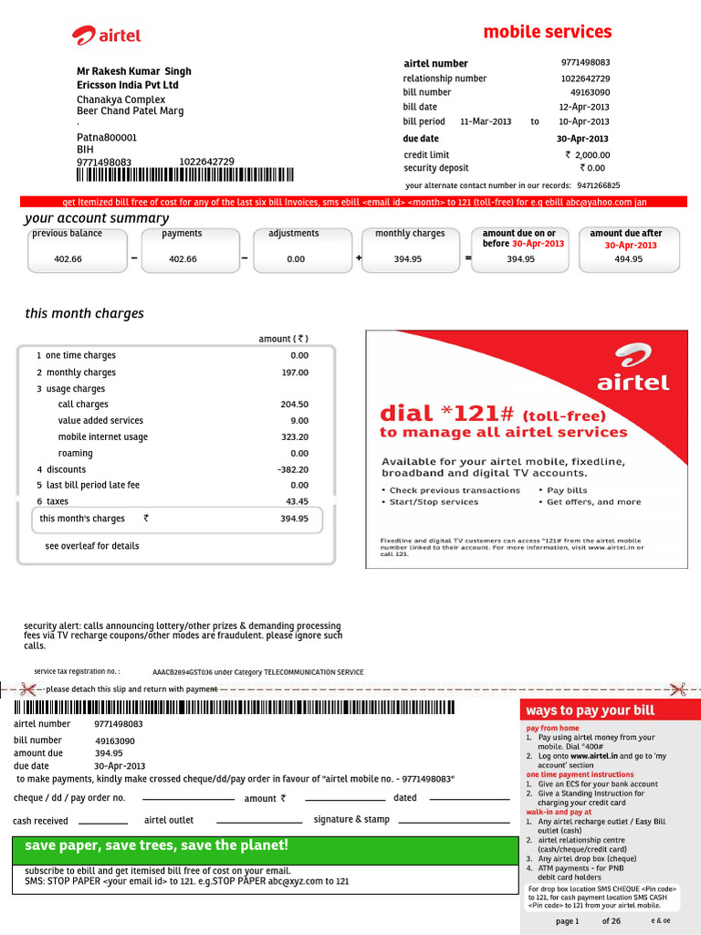 Airtel April Bill Summary and Charges | PDF | Cheque | Roaming