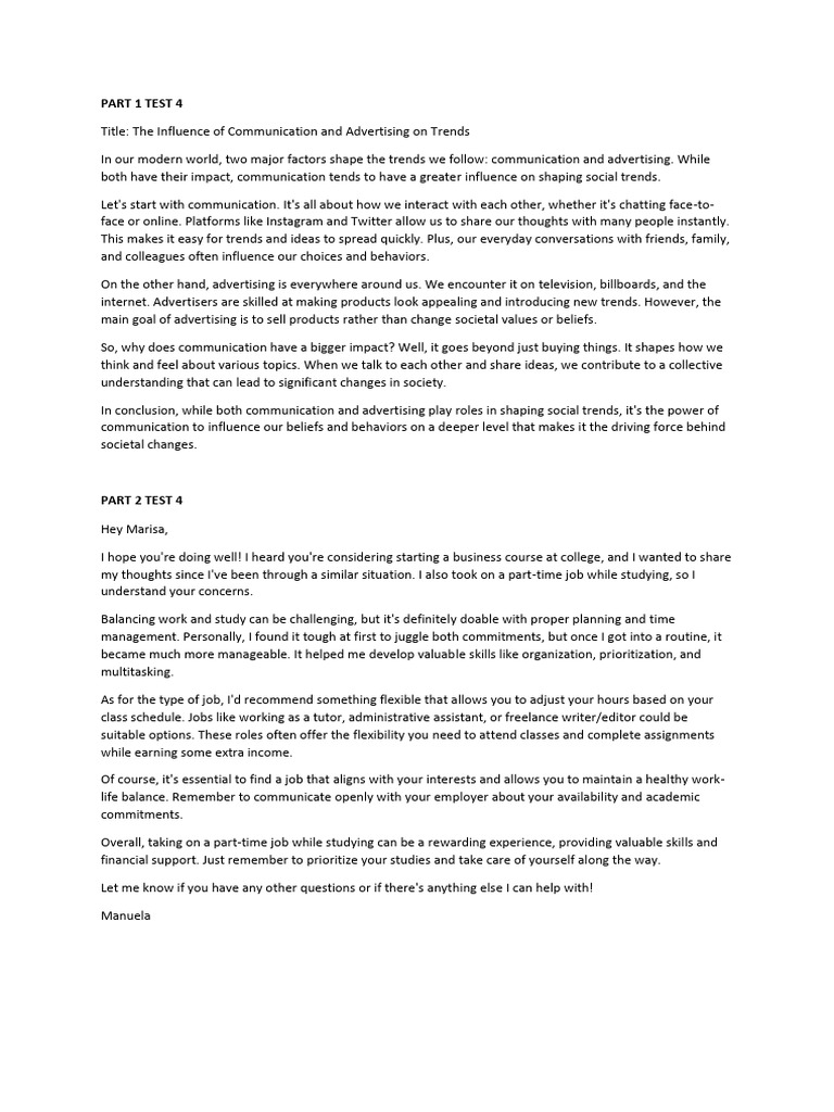 Writing test 1 and 4 pdf communication advertising