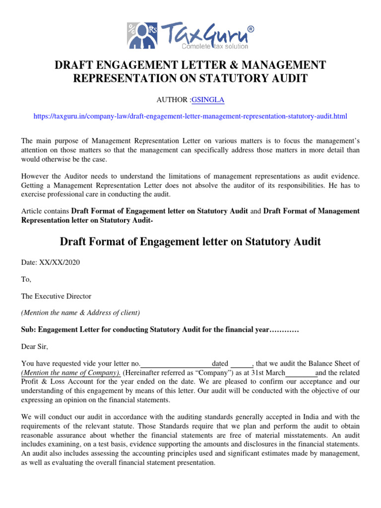 Statutory Audit Engagement & MRL Drafts | PDF | Audit | Financial Statement