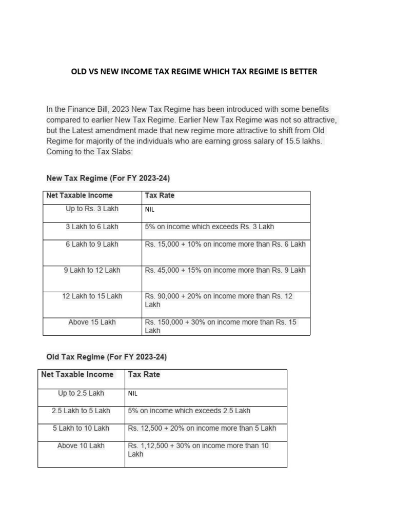 New vs old tax regime deduction pdf taxes government finances