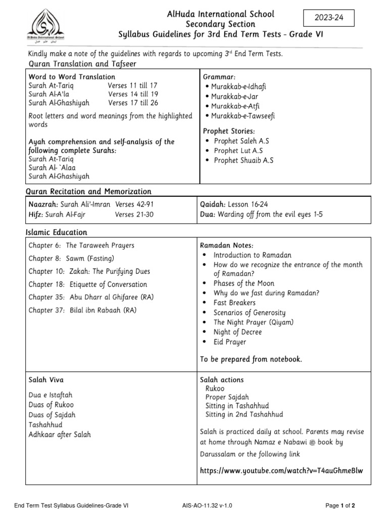 3rd End Term Test Syllabus Guidelines For Grade VI - 2023-2024 | PDF