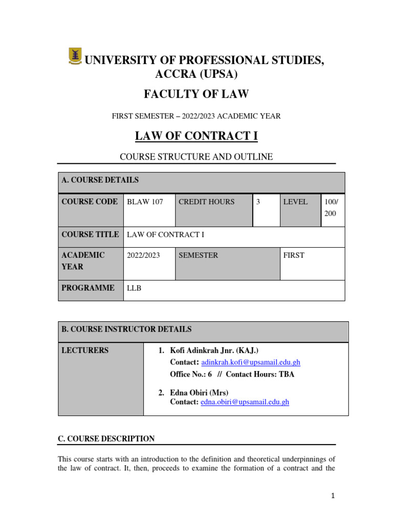 Law of Contract I Course Outline | PDF | Consideration | Private Law