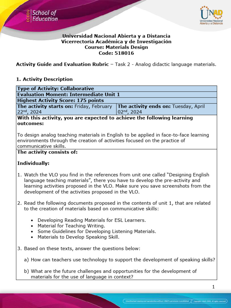 Activity Guide And Evaluation Rubric Task 2 Analog Didactic