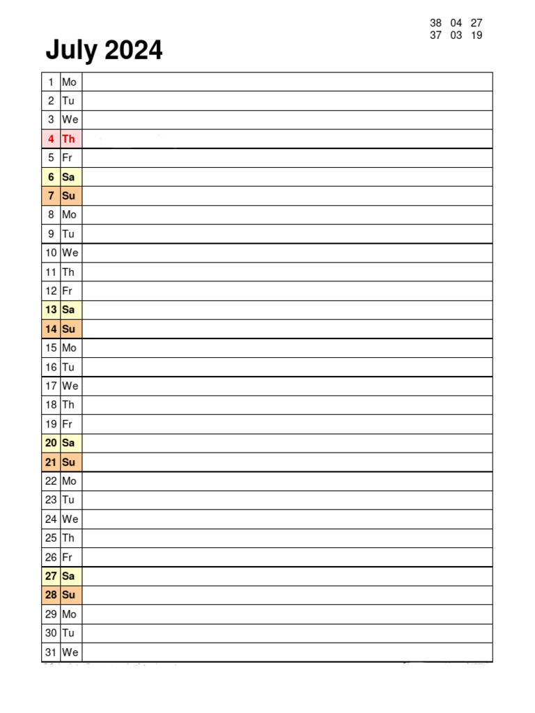 July 2024 Calendar Portrait Days Vertically PDF