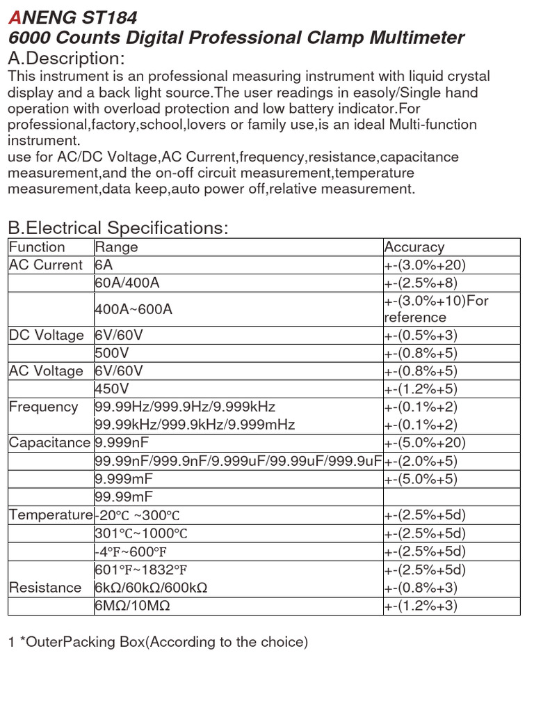 Aneng ST184 Clamp Multimeter Overview | PDF | Science & Mathematics