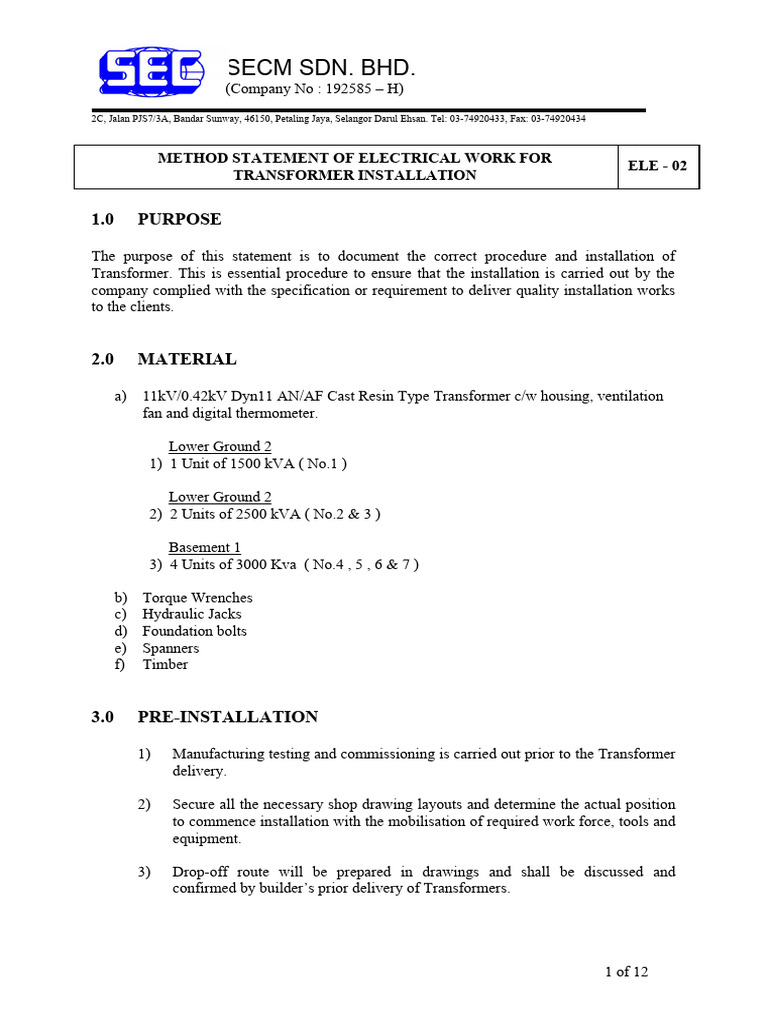 Transformer Installation Method Statement | PDF | Waste | Personal ...