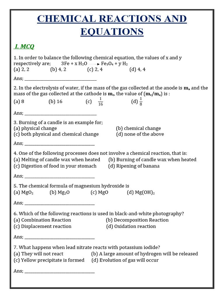 Chemical Reactions and Equations MCQs | PDF | Chemical Reactions | Redox