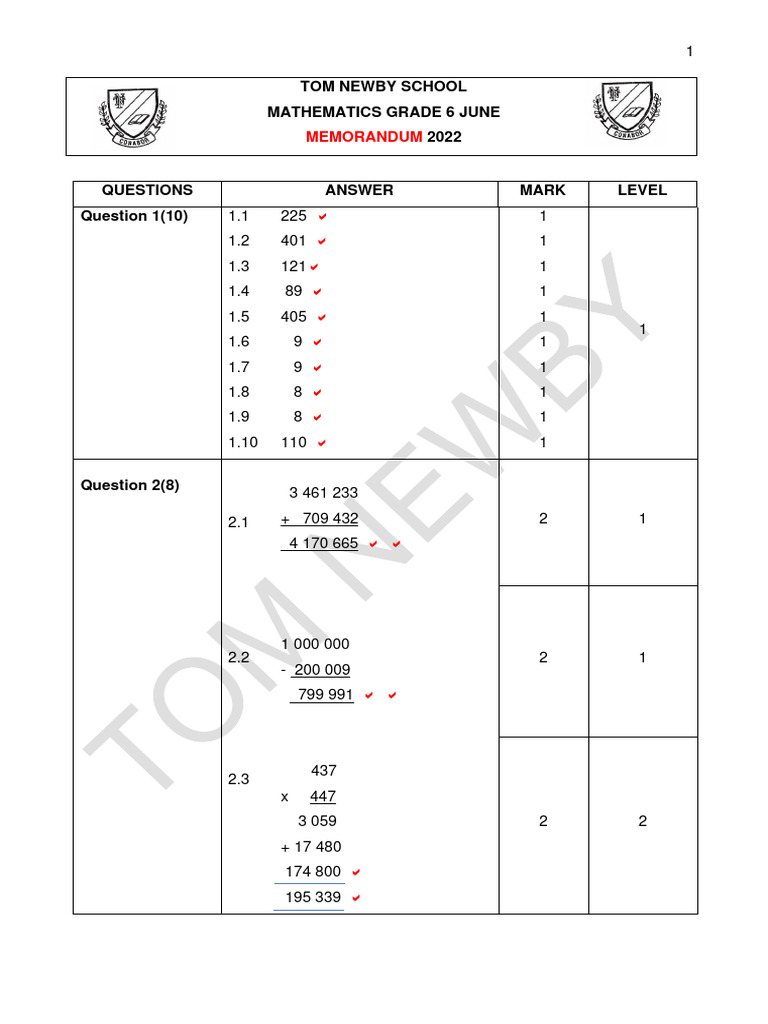 Grade 6 Maths Memo June 2022 | PDF