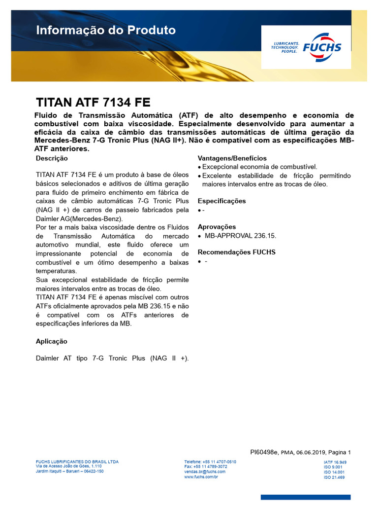 Fluido TITAN ATF 7134 FE para Transmissões | PDF