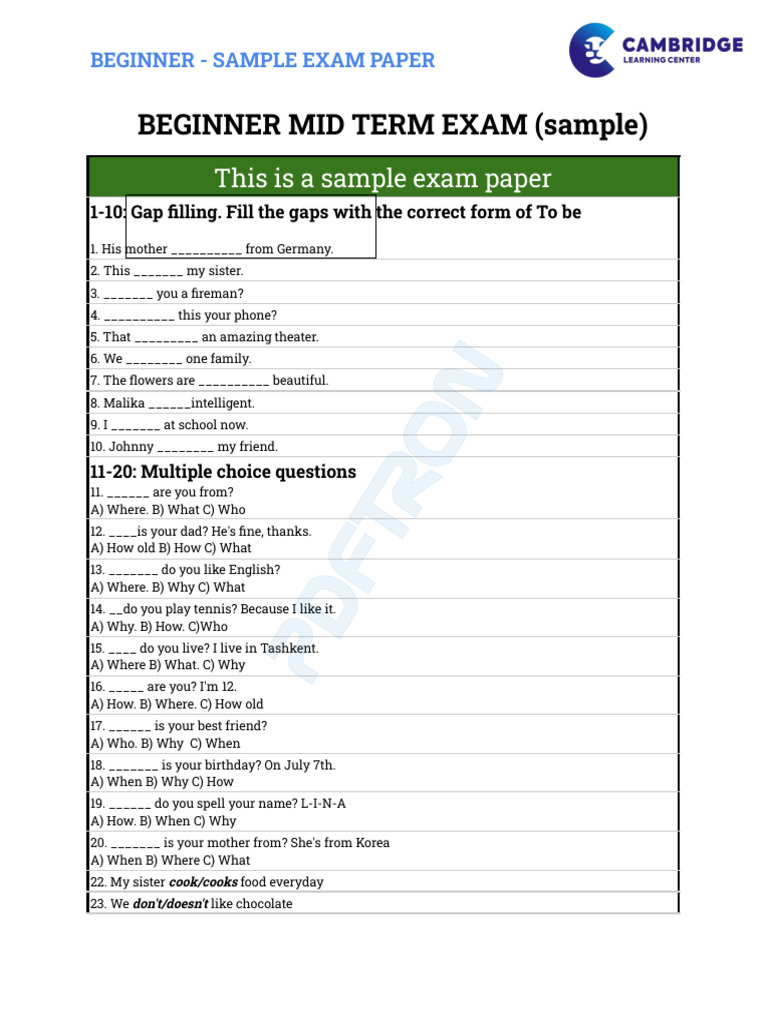 Beginner English Sample Exam Paper | PDF