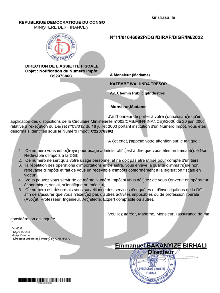 Notification du Numéro Impôt RDC | PDF | Impôts | Financement du ...
