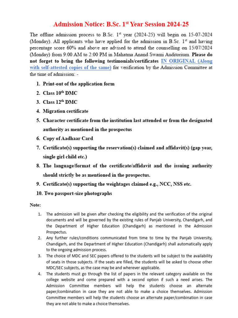 B.Sc. 1st Year Admission Notice 202425 PDF Career & Growth — free download