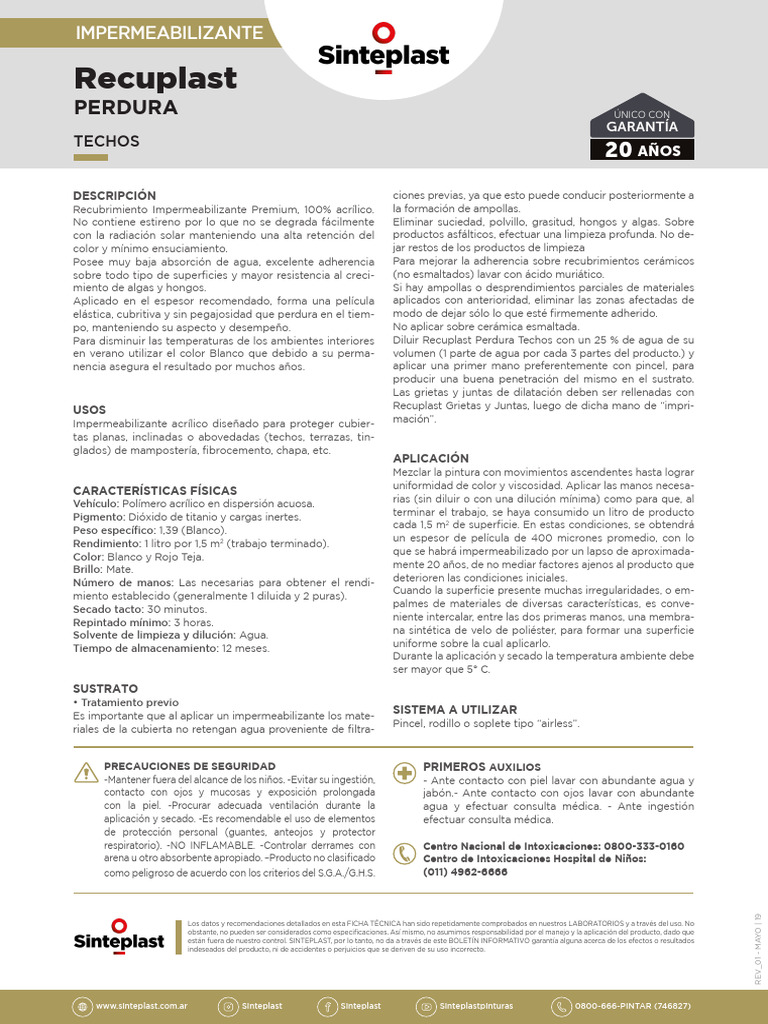 Impermeabilizante Recuplast Perdura 400 | PDF | Agua | Materiales