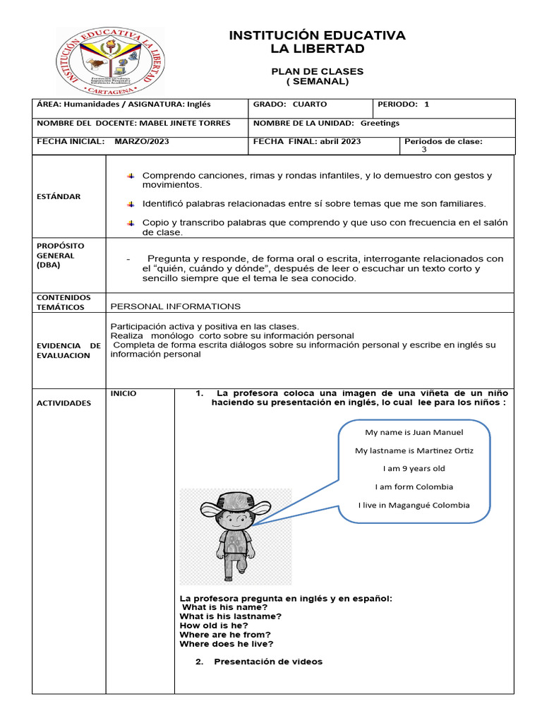 Clases de Inglés: Presentación Personal | PDF | Evaluación
