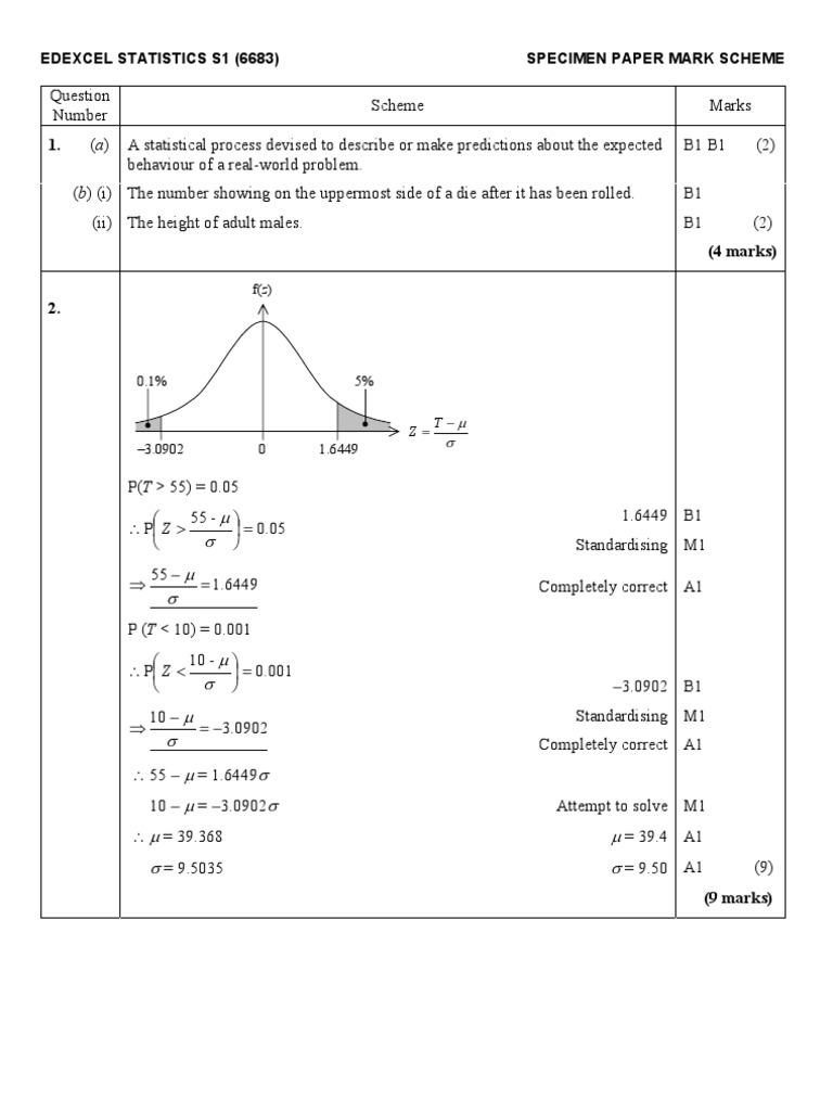 Edexcel Statistics S1 Mark Scheme | PDF | Variance | Outlier