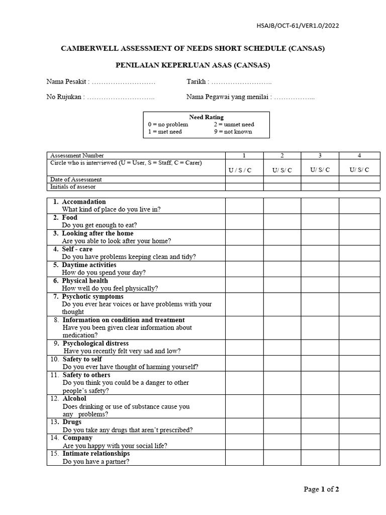 61 Camberwell Assessment of Needs Short Schedule CANSAS | PDF ...