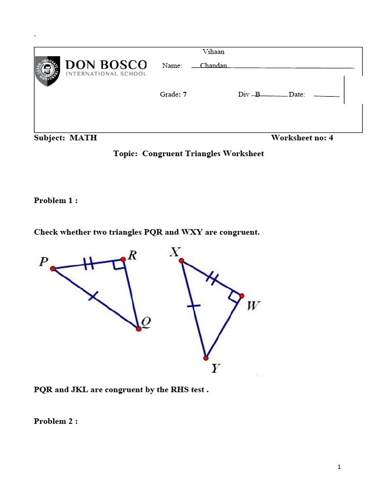 Congruent Triangles Worksheet for Grade 7 | PDF