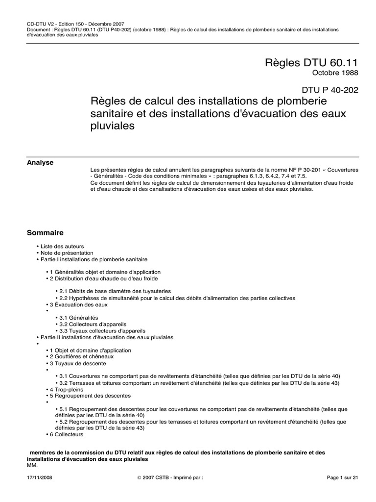 Règles DTU 60.11 pour Plomberie | PDF | Plomberie | Code de la ...