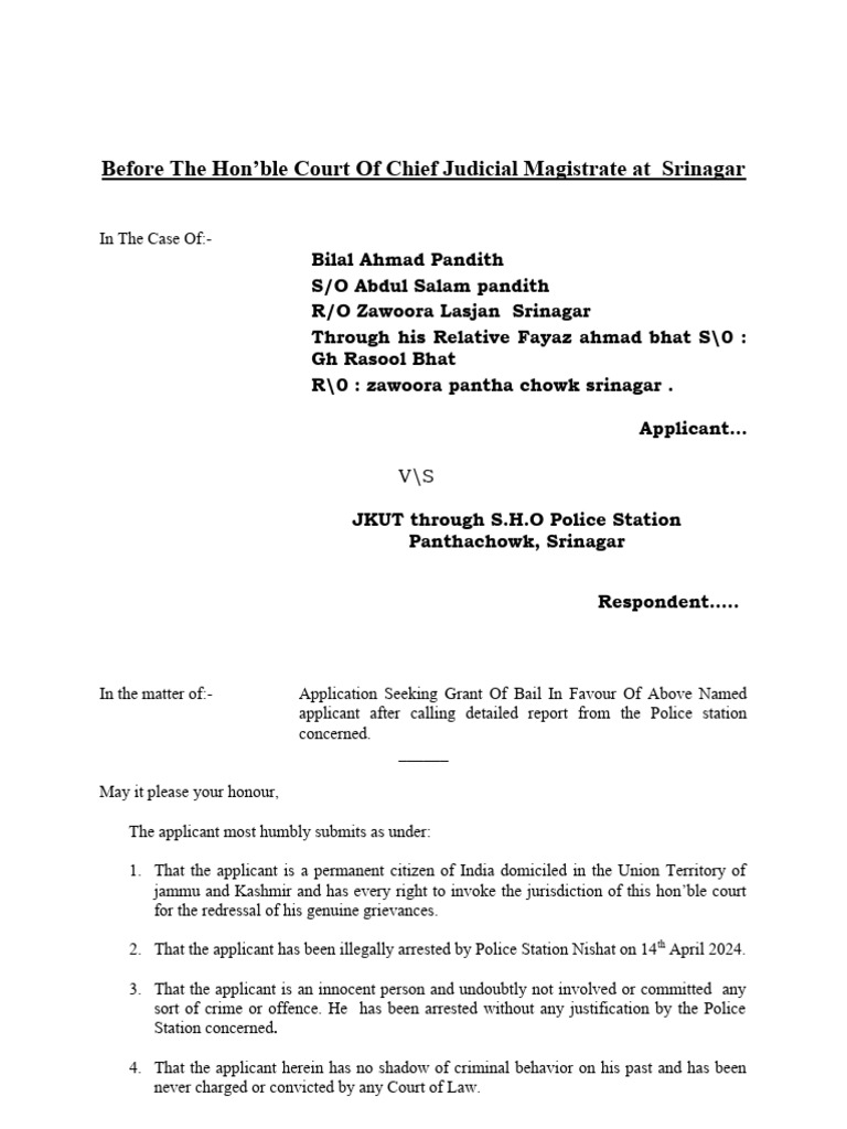Bail Application Panthechowk | PDF | Bail | Political Law