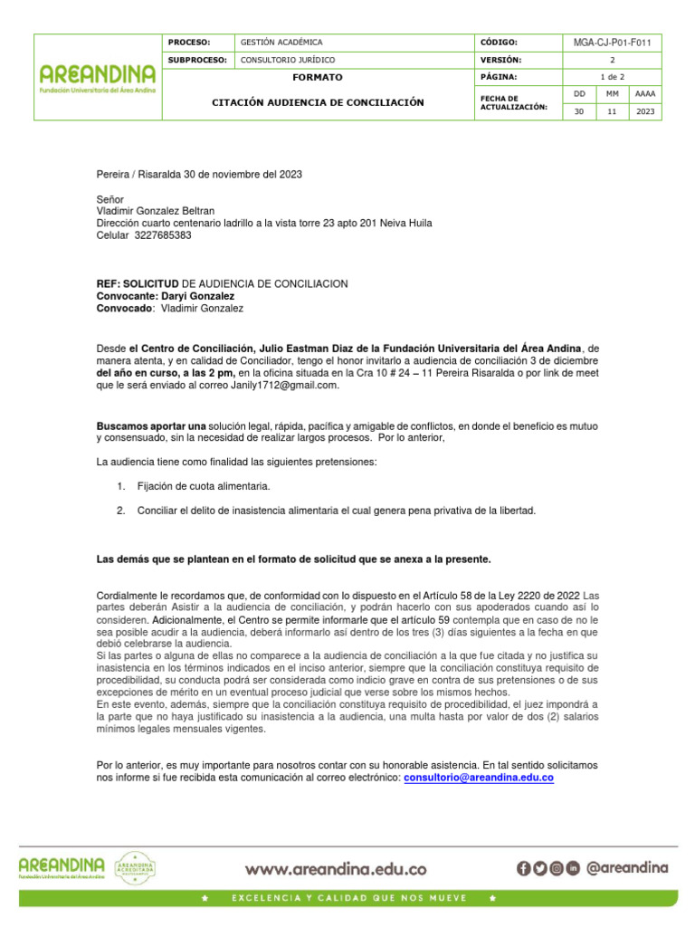 Citación a Audiencia de Conciliación | PDF | Justicia | Crimen y violencia