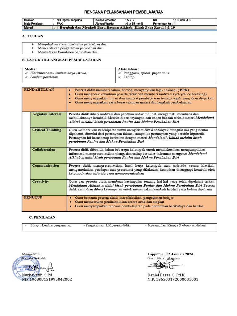 RPP PAK Kelas 5: Perubahan Diri | PDF