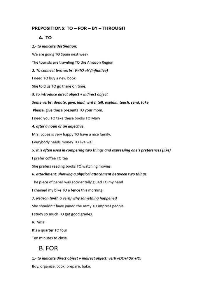 Understanding Prepositions: TO, FOR, BY | PDF | Verb | Payments