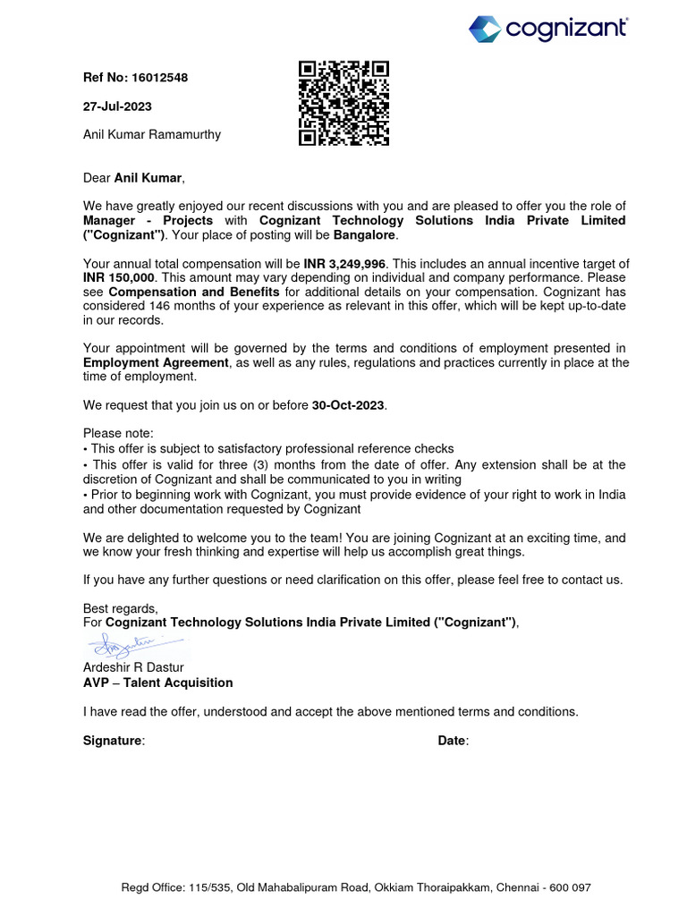 Offer and Compensation Letter of Cognizant | PDF | Indemnity | Salary