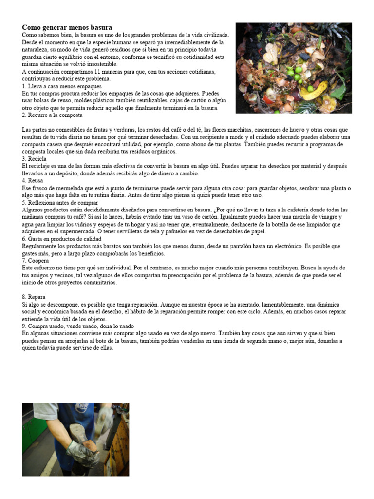 11 formas de reducir la basura diaria | PDF | Residuos | Compost