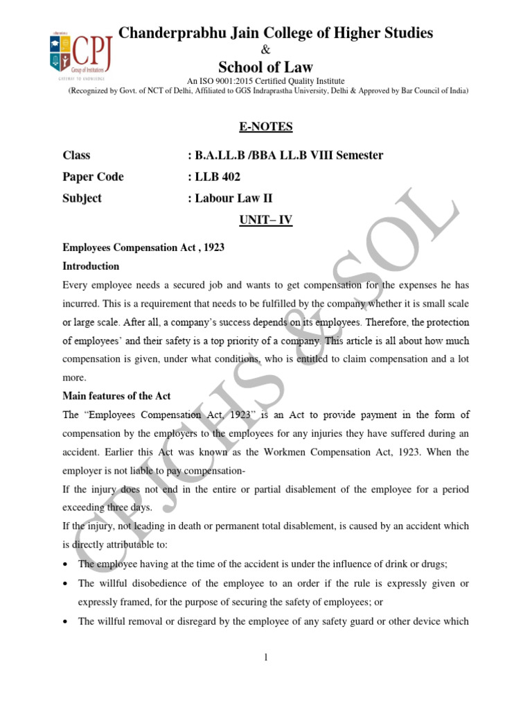 Unit 4 Labour Law E Notes Pdf Employment Legal Liability
