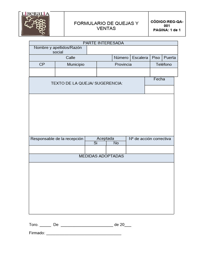 015 REG-QA-001 Formulario de Quejas y Sugerencias | PDF