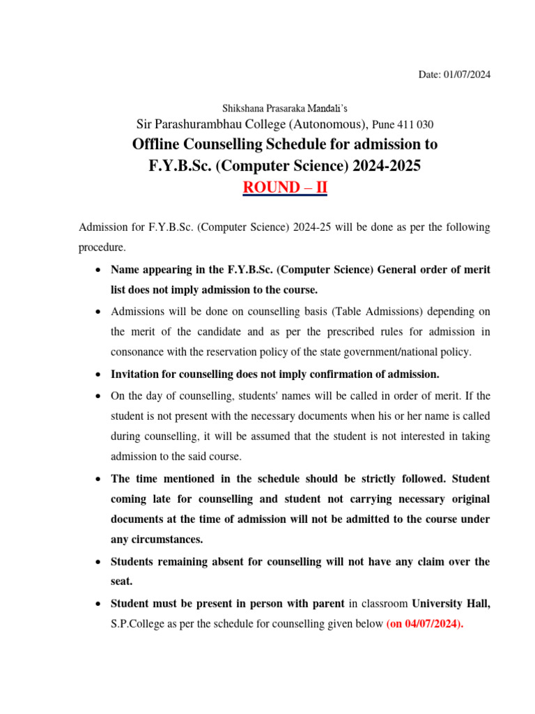 F.Y.B.sc. (Computer Science) Admission 2024-2025 Offline Round II ...