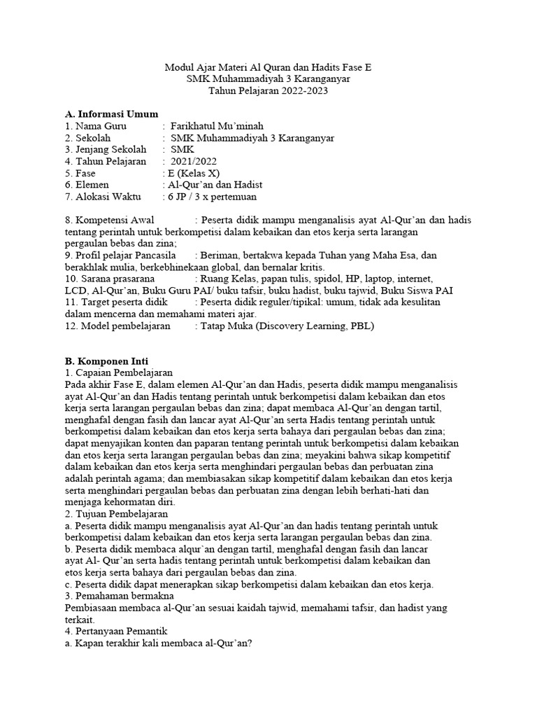 Modul Ajar Materi Al Quran Dan Hadits Fase E Pdf