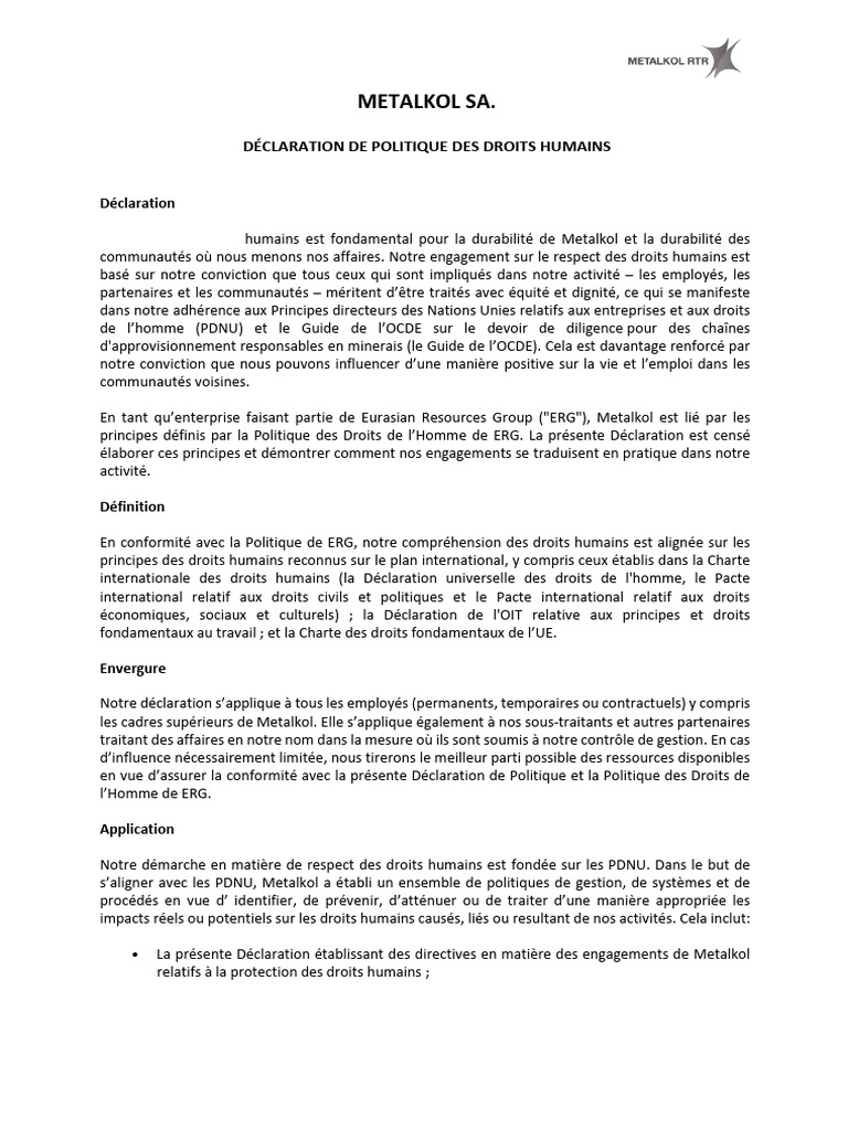 Engagement de Metalkol pour les droits humains | PDF | Environnement ...
