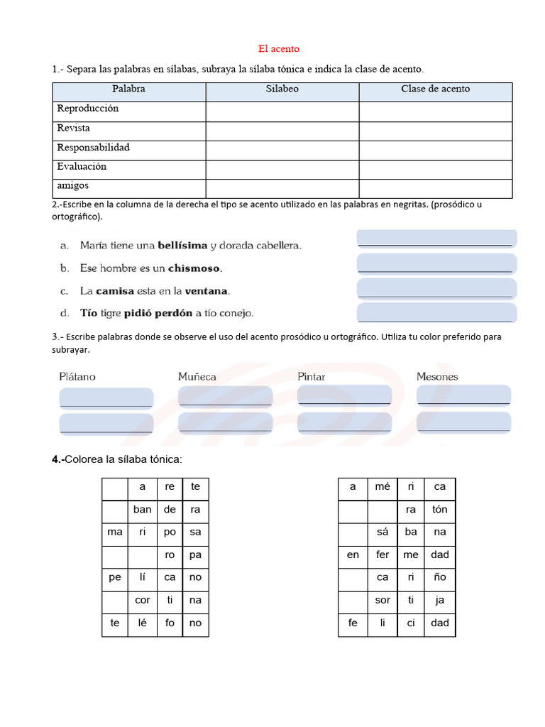 Ejercicios de Acentuación y Silabeo | PDF | Fonética | Lingüística