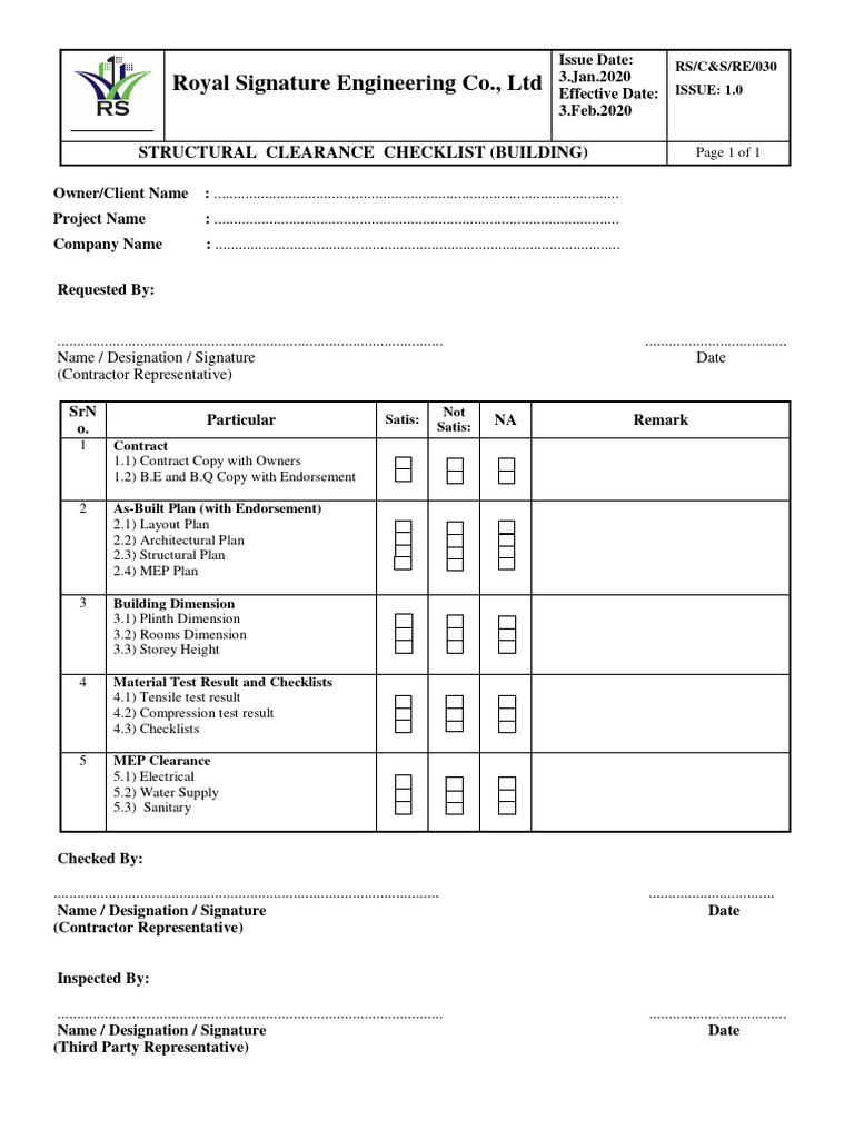 30) RE-0301 Structural Clearance Checklist (Building) | PDF