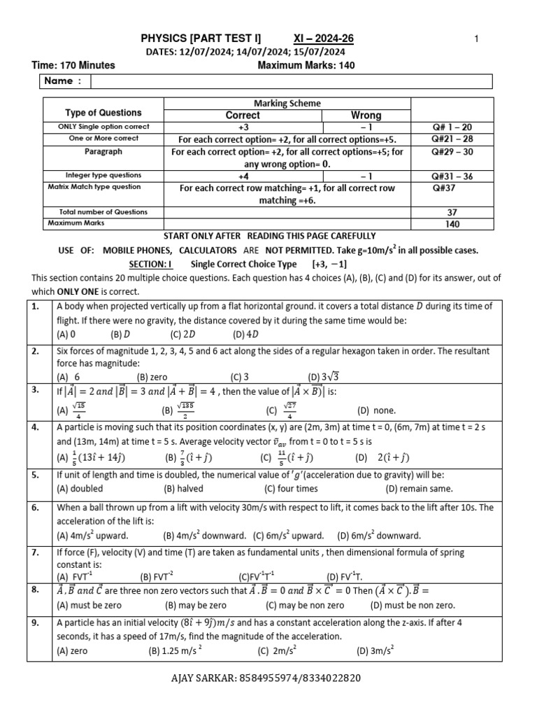 Physics Test Paper XI 2024-26 | PDF | Acceleration | Force