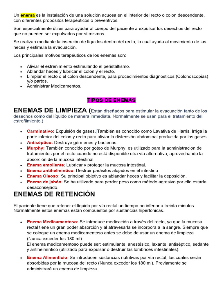 Tipos de enemas y su uso terapéutico | PDF | Estreñimiento ...