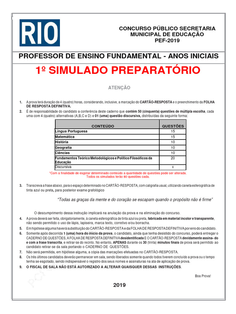 Simulado Professor Anos Iniciais 2019 | PDF | Pedagogia | Geografia