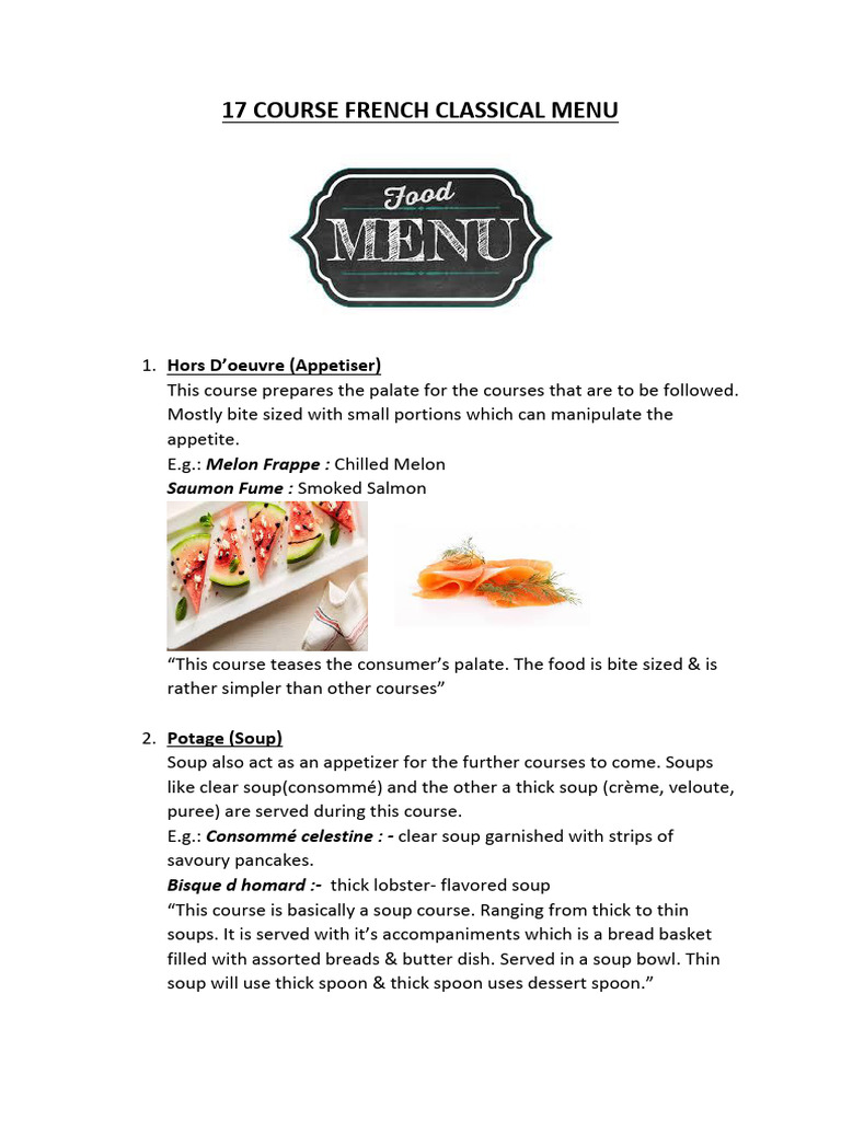 17 Course French Classical Menu PDF Hors D #39 oeuvre Salad
