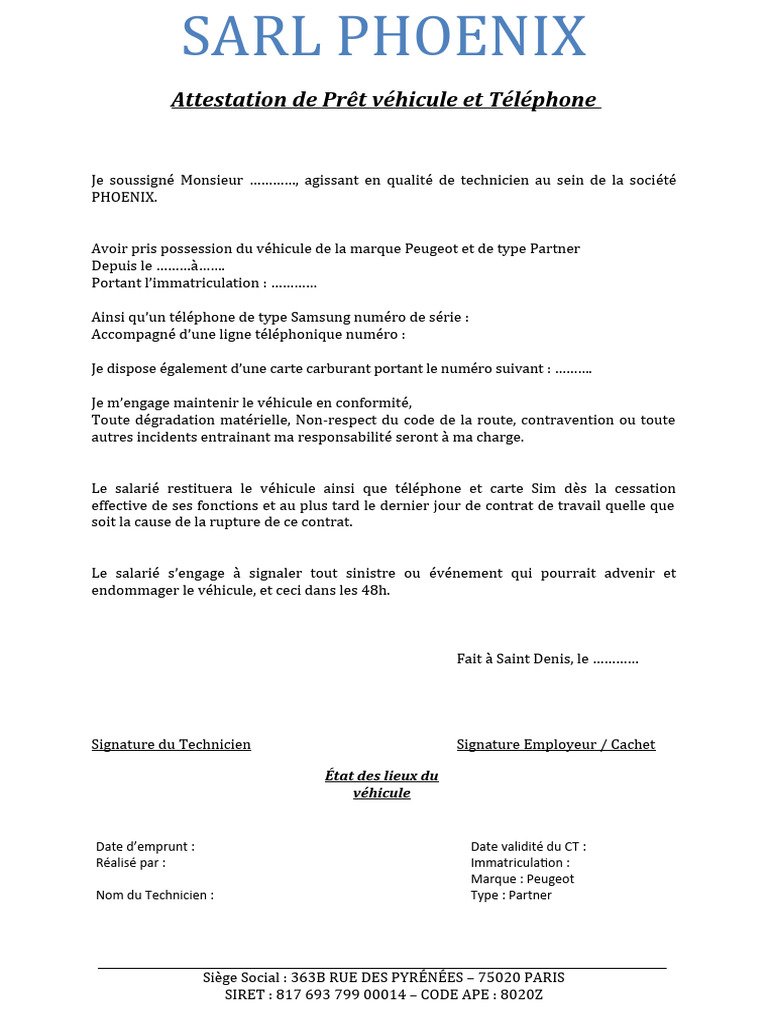 Attestation De Pret De Vehicule