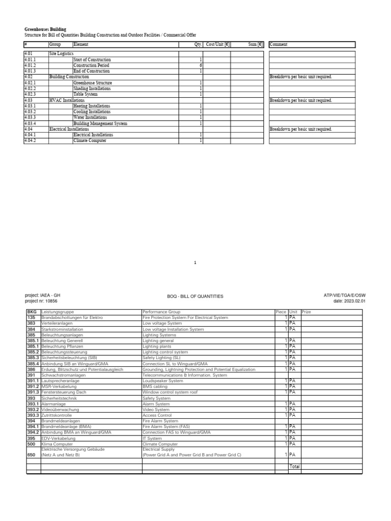 Green - Appendix G8 - Structure For Bill of Quantities | PDF ...