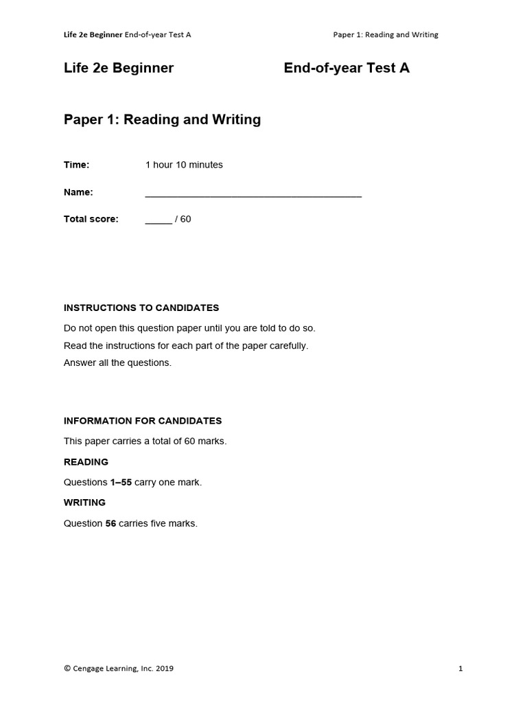 Life 2e Beg End-Of-year TestA Paper1 | PDF