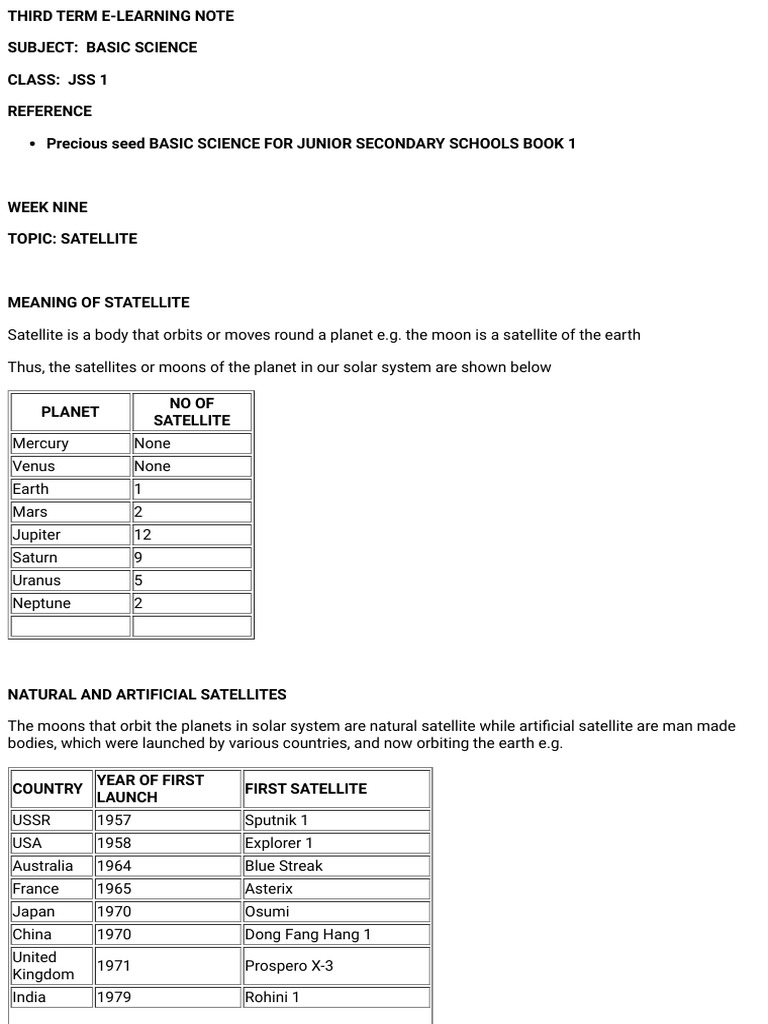 JSS1 Basic Science: Understanding Satellites | PDF | Satellite ...