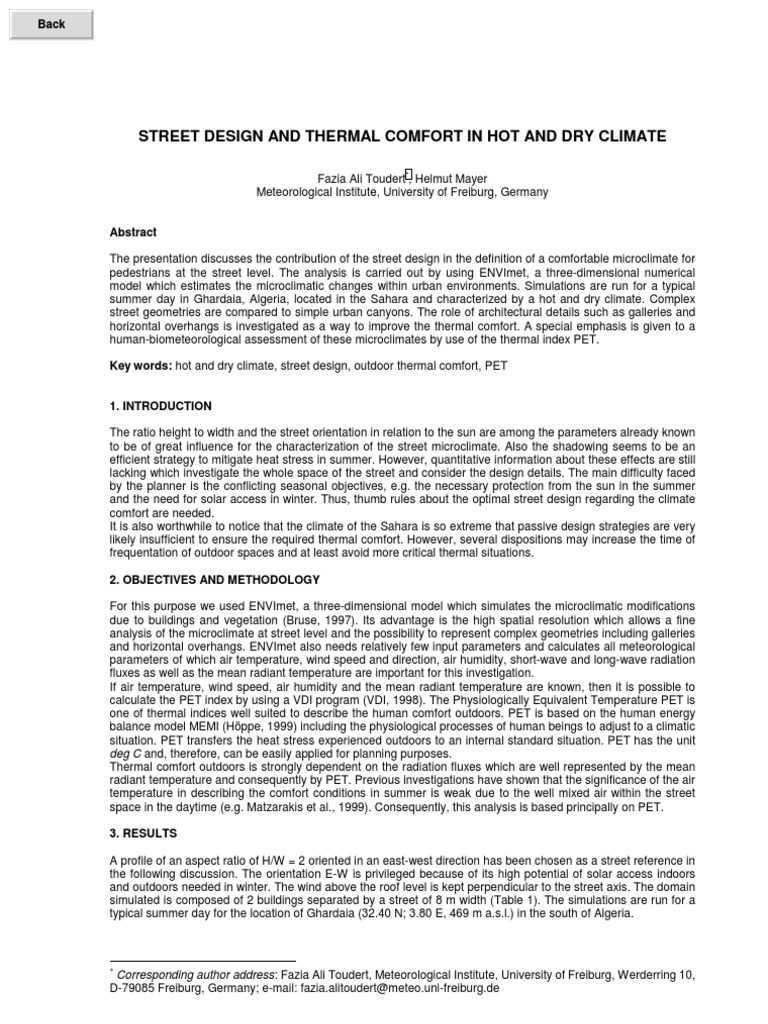 Street Design for Thermal Comfort in Arid Climates | PDF