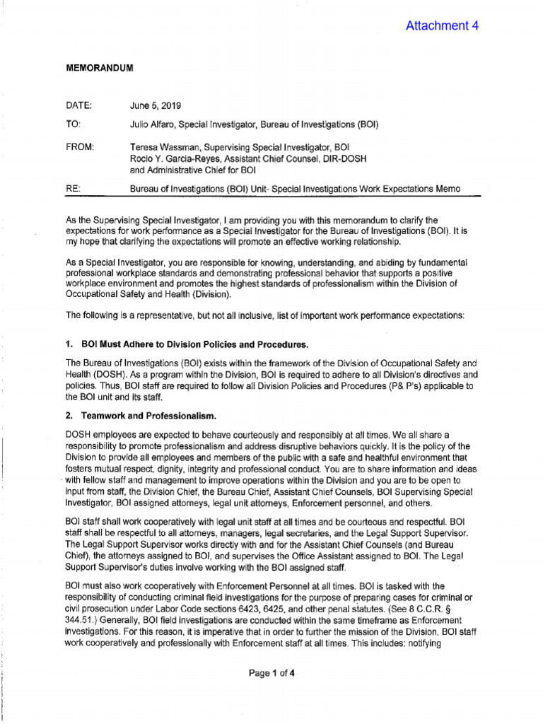 Attachment 4 - 2019 6.5.19 Alfaro, Julio Signed Expectations Memo | PDF ...