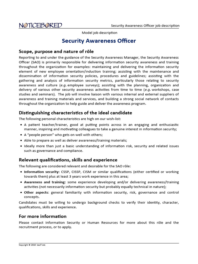 NB Model Job Description For Security Awareness Officer | PDF ...