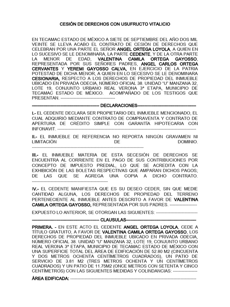 CESIÓN DE DERECHOS CON USUFRUCTO VITALICIO | Descargar gratis PDF