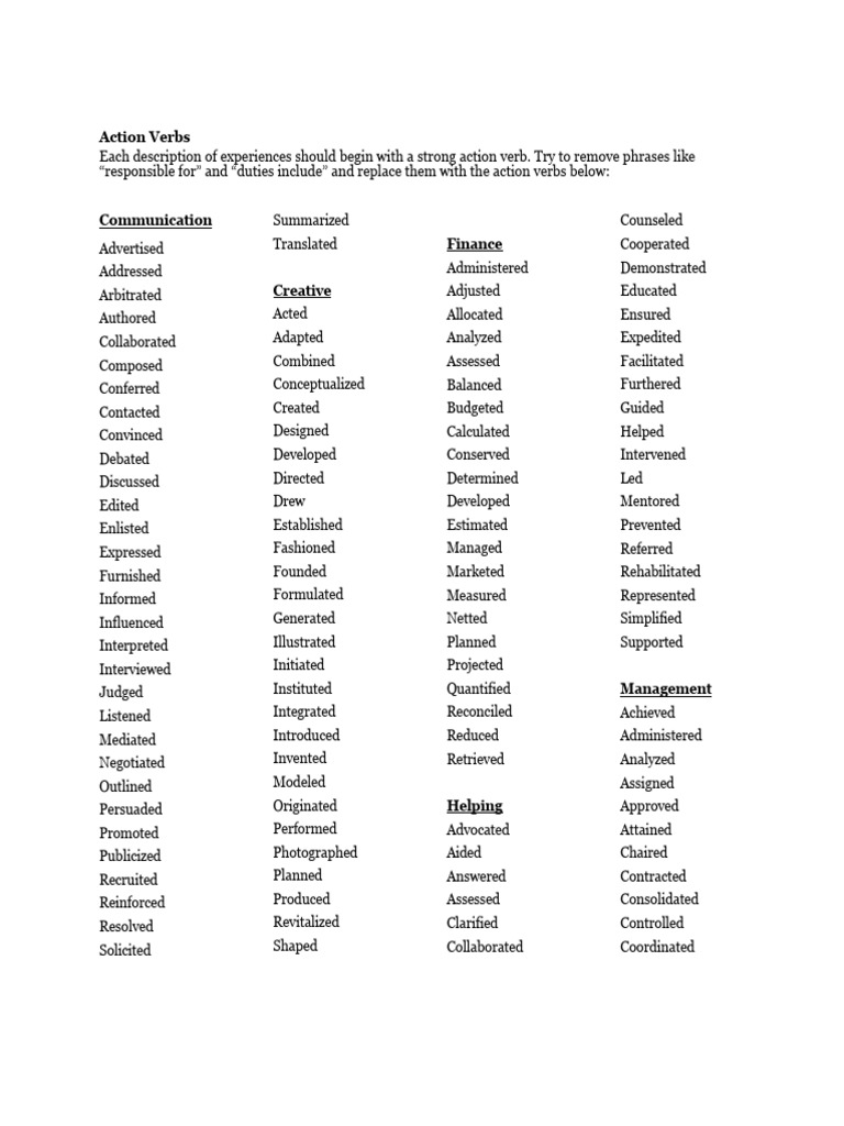 Essential Action Verbs for Resumes | PDF | Creativity