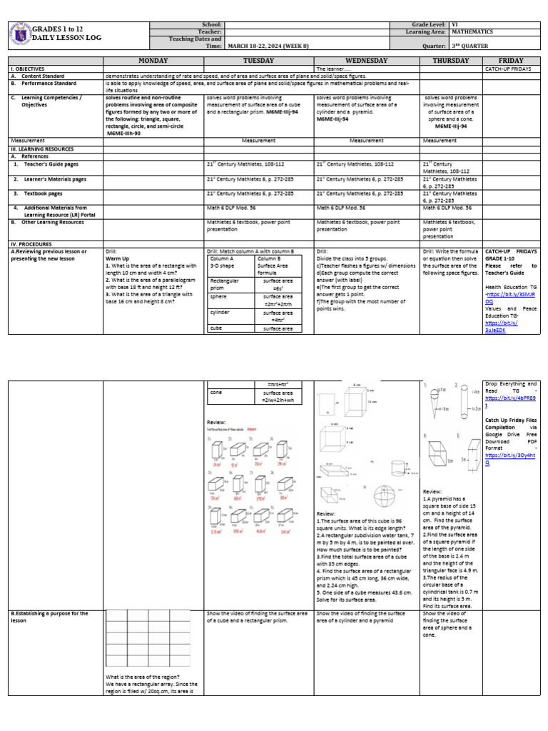Grade 6 Math Lesson: Area & Surface Area | PDF | Area | Classical Geometry
